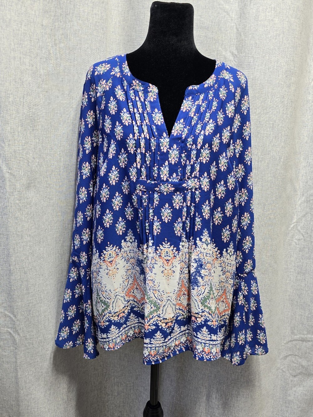 DR2 Women's Blue Floral Print V-Neck Long Bell Sleeve Peasan Boho Blouse Size L
